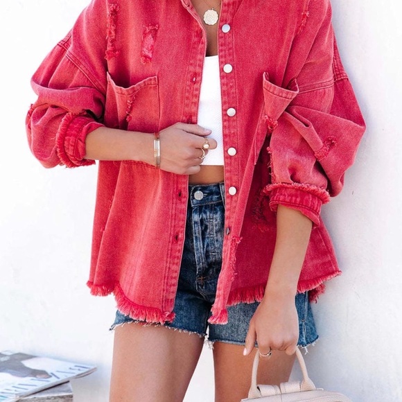 Casual Oversized Distressed Pink Denim Jacket - Picture 2 of 5